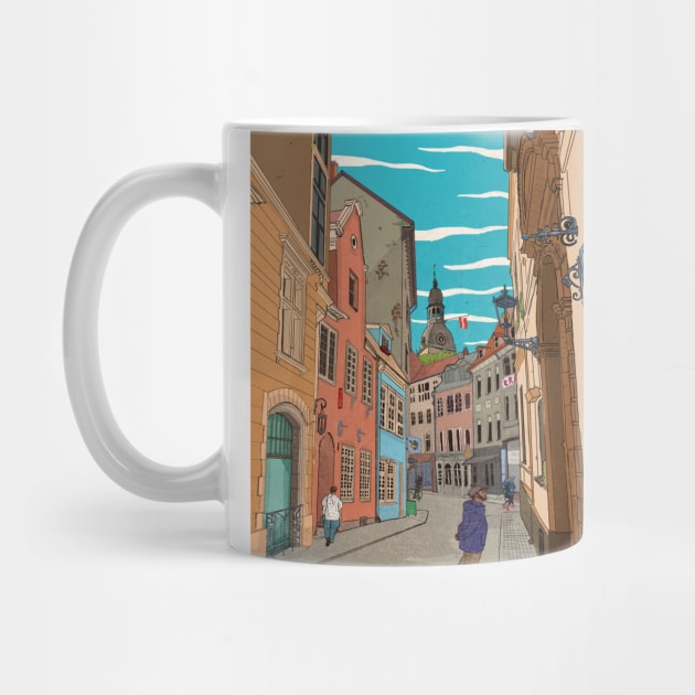 Downtown Riga Latvia Whimsical Retro Inspired Illustration by Wall-Art-Sketch